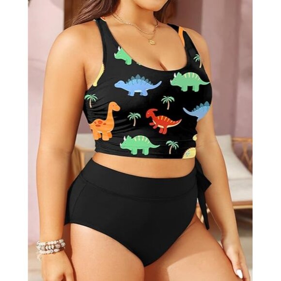Tempt Me Plus Size 16 Bikini Set Womens Dino Print Crop Top Black High Waisted - Picture 3 of 8